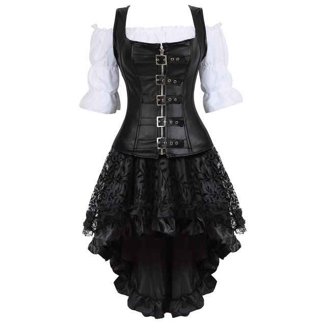 Grebrafan Blouse Rétro Blanche, Corset en Cuir et Jupe Tutu Ensemble 3 Pcs Femmes TP Noir
