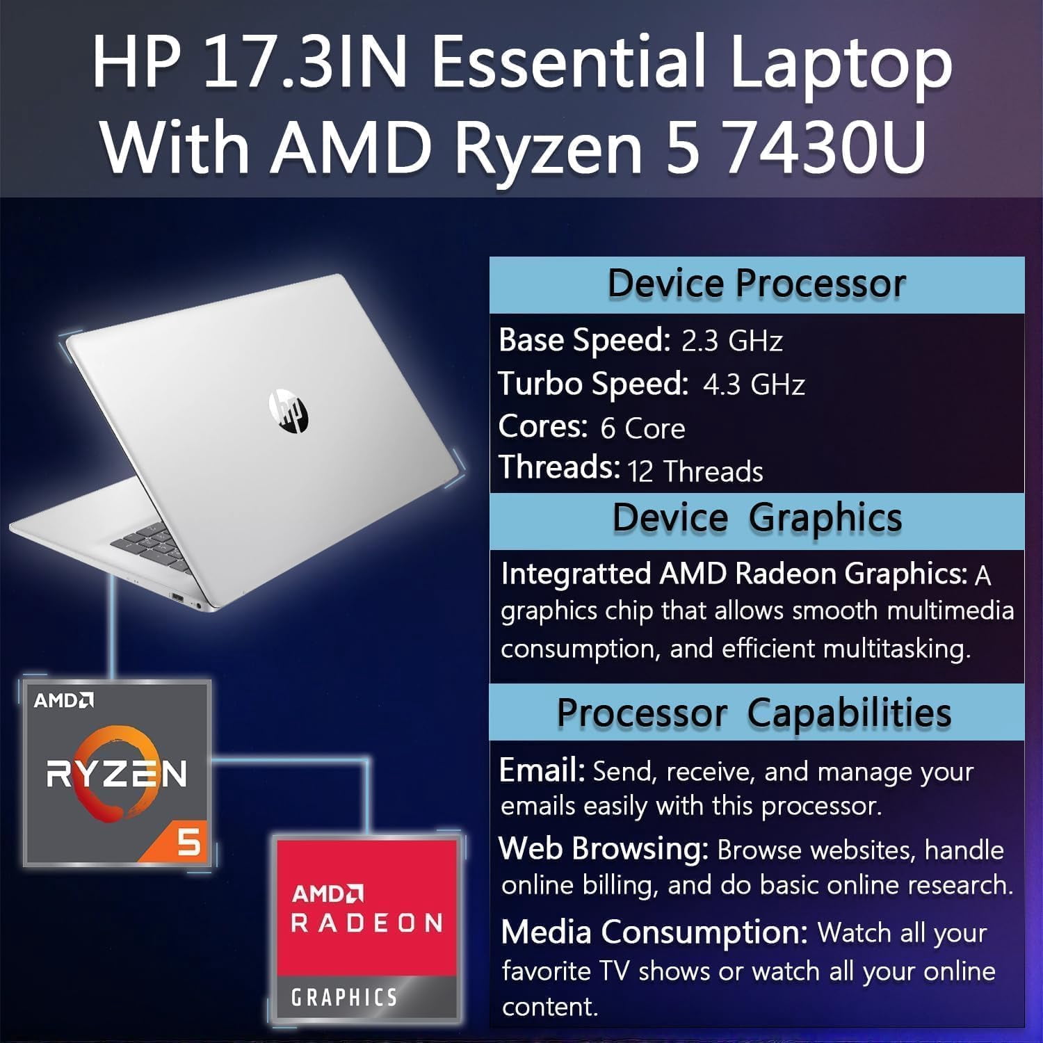 HP 17.3" Touchscreen Laptop, 17.3" HD+ Anti Glare Display, AMD Ryzen 5 7430U CPU, Wi-Fi 6, Win 11 Pro, Copilot (64GB RAM | 2TB SSD)
