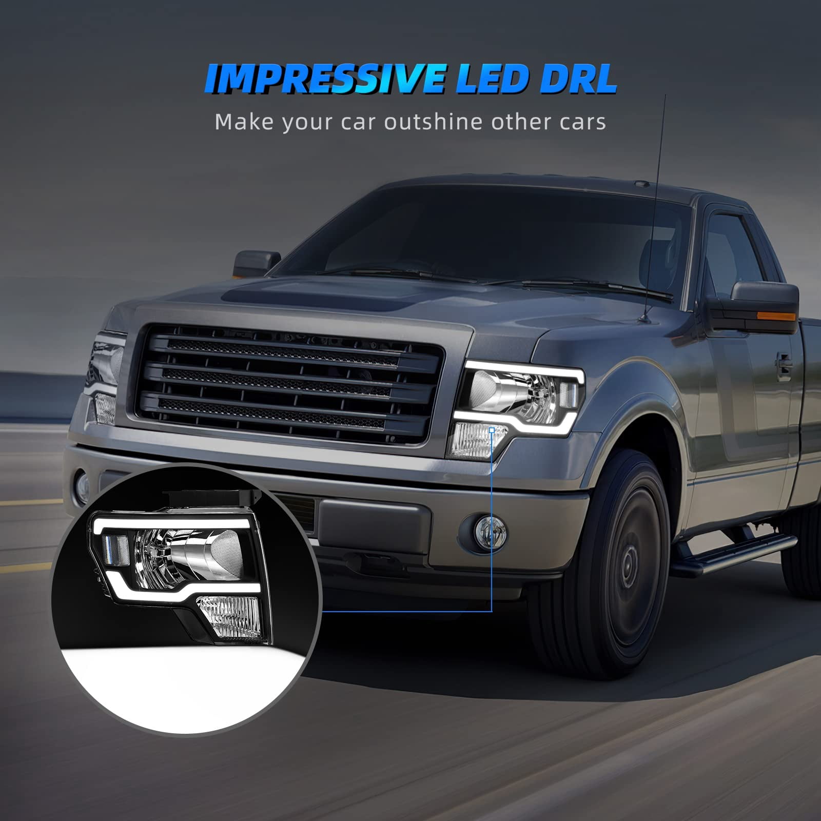 RVNI DRL LED Tube Bar Headlights Switchback Sequential Signal For 09 - 14 Ford F150