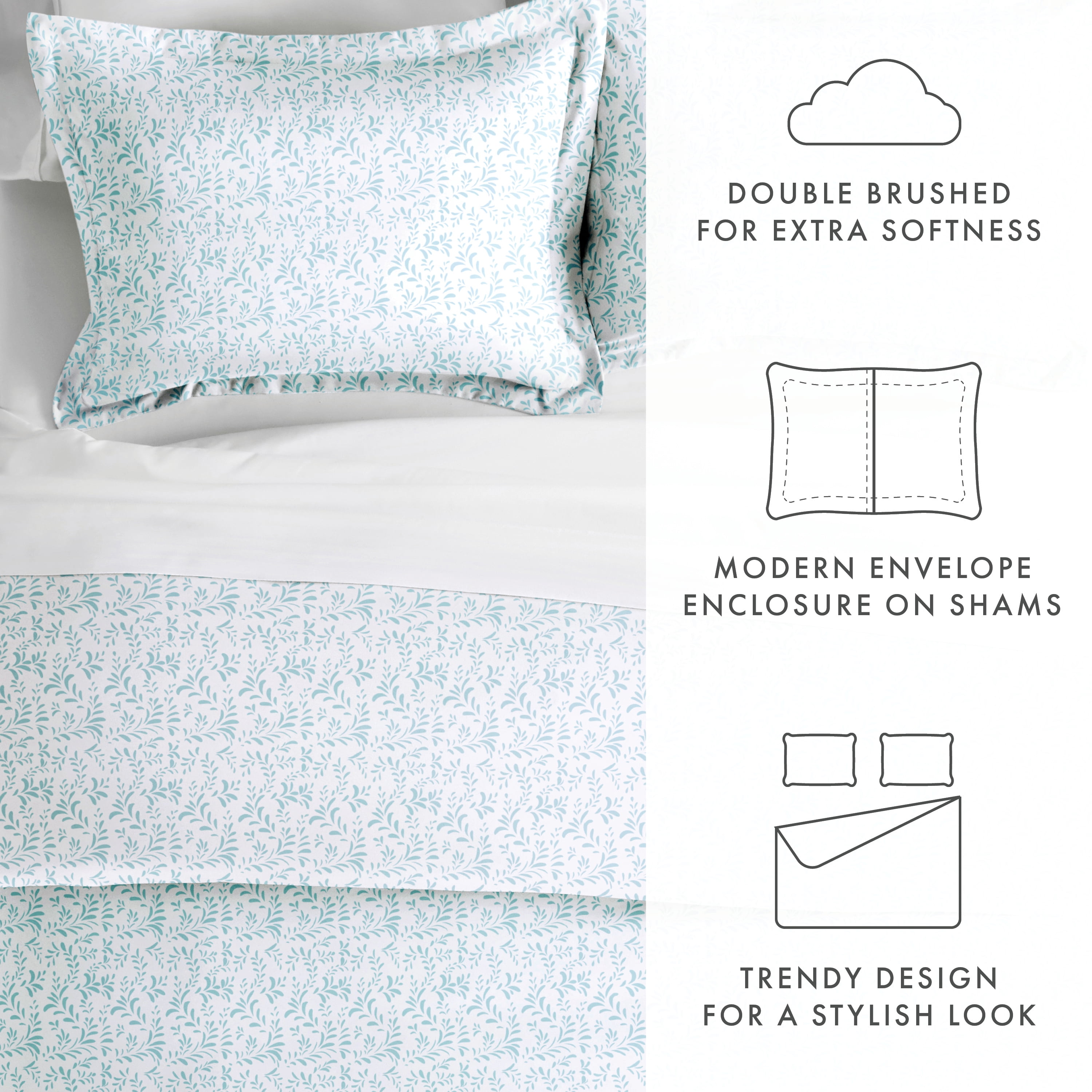 Noble Linens Light Blue Burst of Vines Print 3-Piece Duvet Cover Set, King/Calking