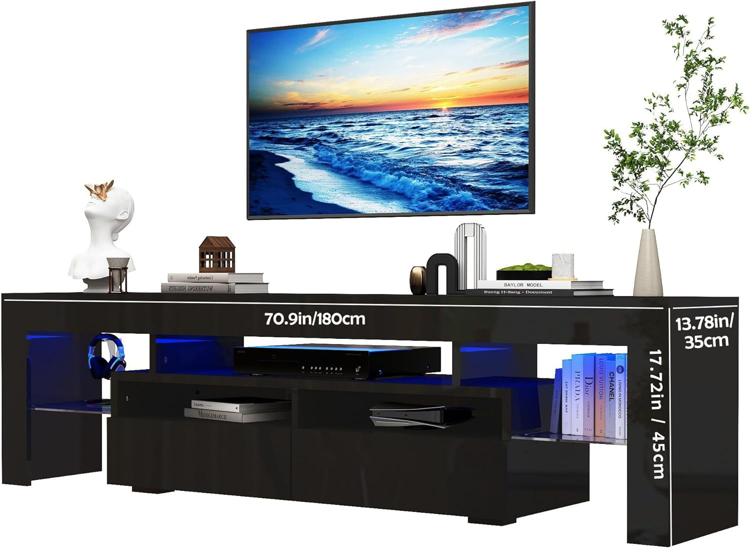 ChVans LED TV Stand for 65/75/85 inch TV, High Glossy Modern Entertainment Center with Drawer and LED Lights(Black)