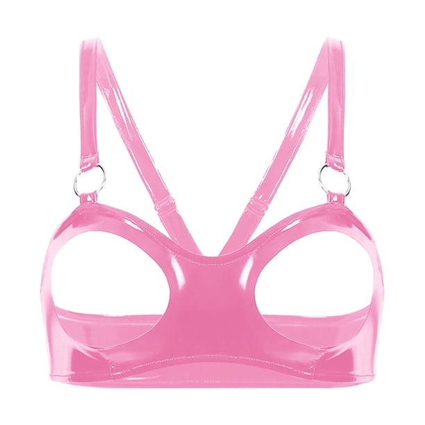 Womens Sexy Open Cups Bra Tops Wet Look Patent Leather Adjustable Straps Exposed Nipples Brassiere Lingerie Underwear NightwearD Gong Bohan LED