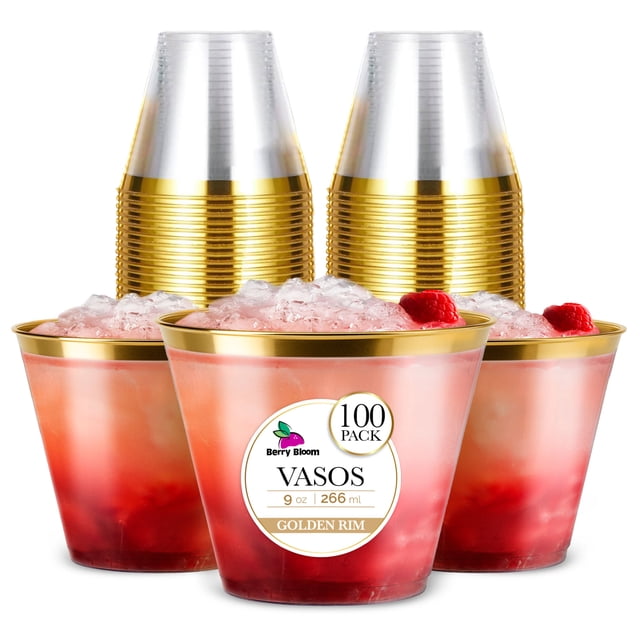 Berry Bloom 100 Vasos Reutilizables con Borde Dorado Paquete Con 100 Piezas, Copas Elegantes para Fiestas, Bodas, Postre, Cócteles, Vino (9 ONZAS)