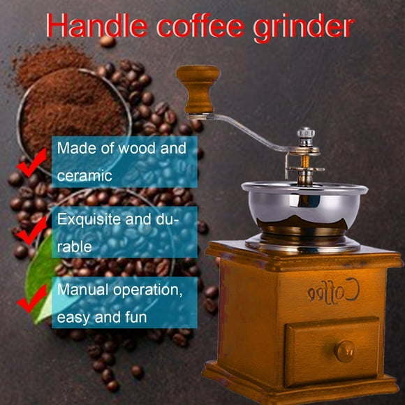 Household Hand Grinder Coffee Grinder Coffee Maker Coffee Bean Grinder Antique Appearance Stainless Steel Wooden Base