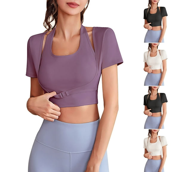 HAOTAGS Women's Yoga Tops,Tight Fitting Workout Bra-Free Short Sleeve Sports Tee Purple 2XL