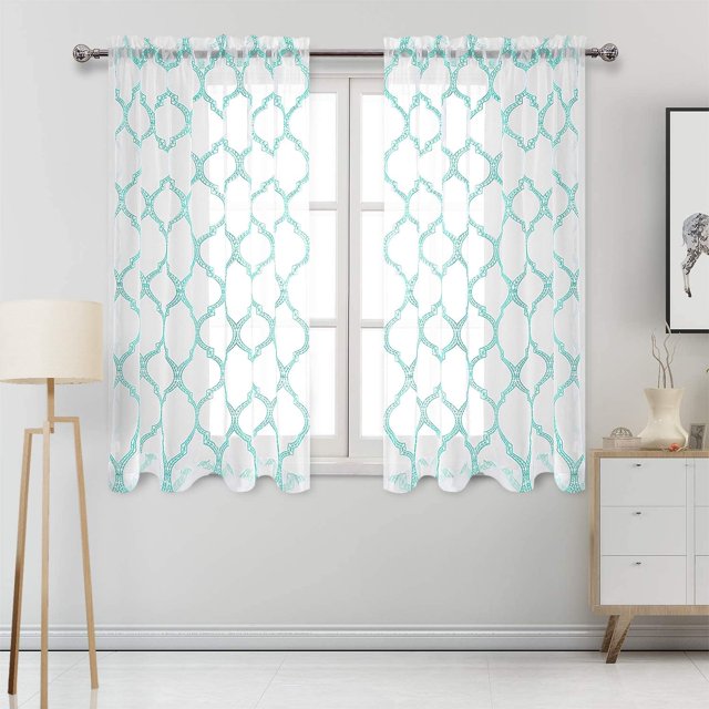 ZMLEVE Embroidered Moroccan Sheer Curtains - Faux Linen Geometric Tile Pattern Rod Pocket Semi Voile Bedroom and Living Room Curtains, Set of 2 Window Curtain Panels, 52 x 45 Inch Length, Aqua
