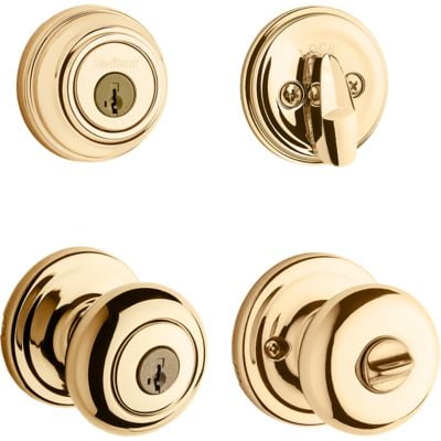 991 Juno Keyed Entry Knob and Single Cylinder Deadbolt Combo Pack featuring SmartKey® in Polished Brass
