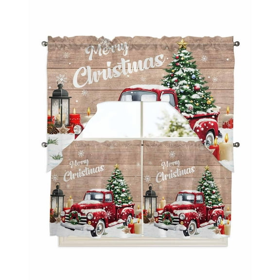 Red Truck Christmas Kitchen Curtains Swag Valance and Tier Curtains Set 24 Inch Length, Xmas Tree Snowflake Gifts Winter Wooden Rod Pocket Drape Panels Pair Swag Curtains for Bathroom/Cafe/Window