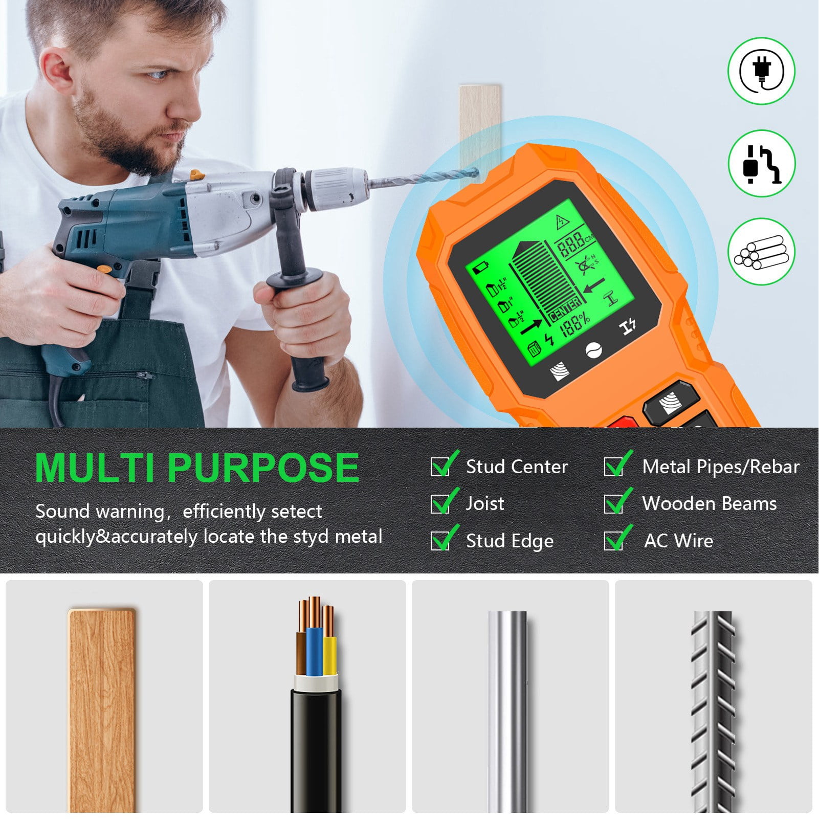YAHHU 5-in-1 Stud Finder Wall Scanner, Electronic Wood Metal AC Wire Detector with LCD Display, Handheld Wall Cable Finder Sensor Tool, 7.48 inches / 19 cm