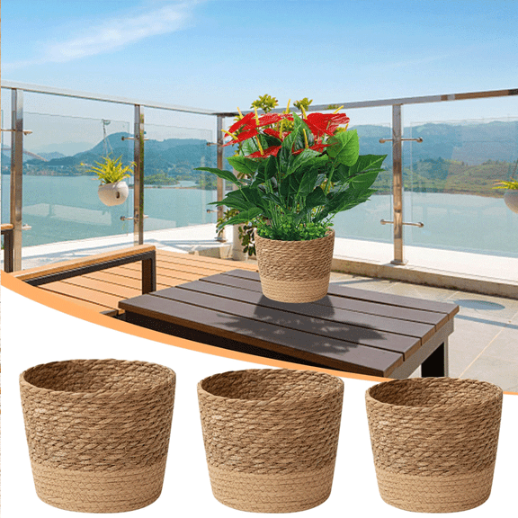 Woven Jute Plant Basket Small Planter Basket Wicker Basket Planter for Pot, Round Indoor Outdoor Tree Pot Cover, Small Boho Storage Bin Organizer, Rustic Basket for Plants and Home Decor