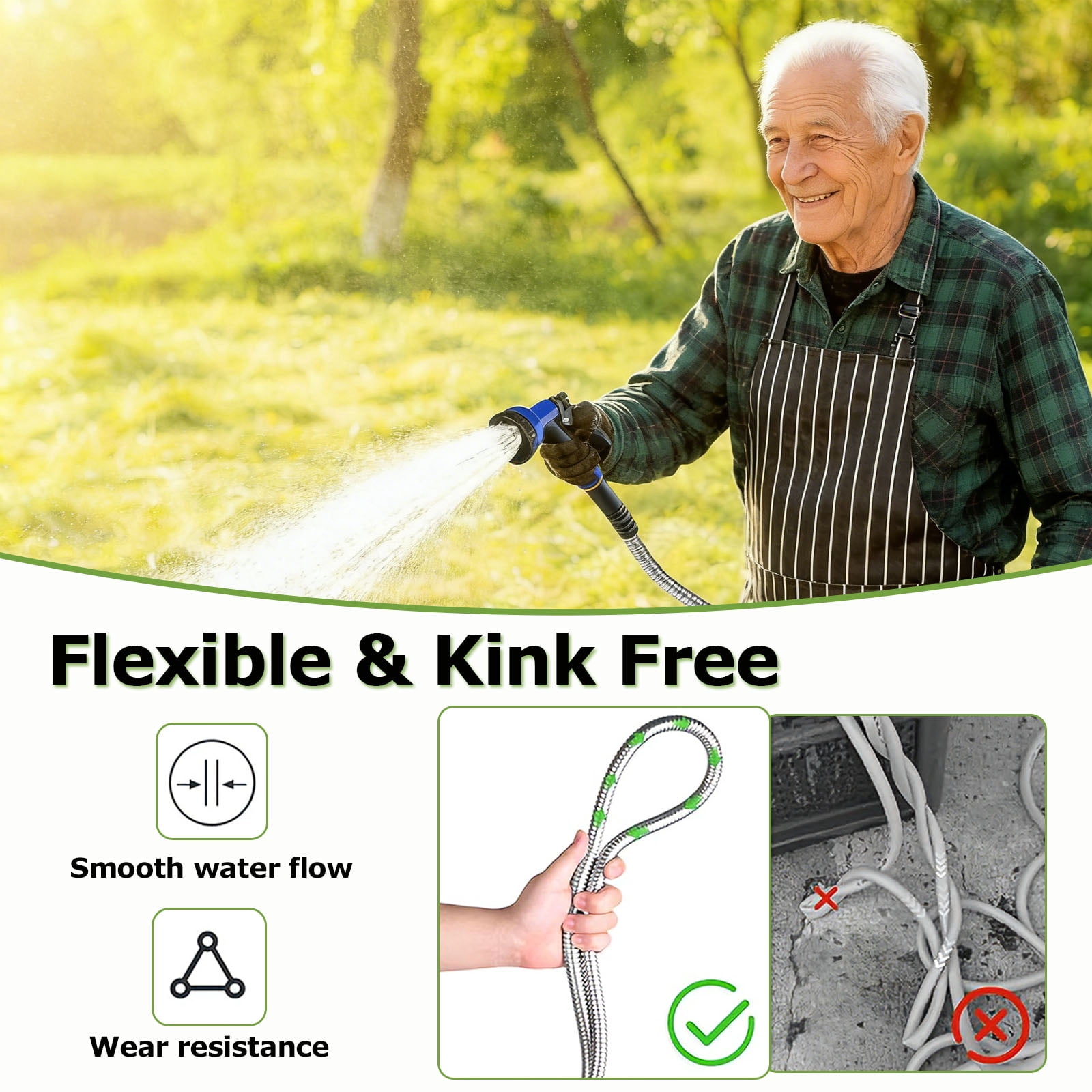 Kisportee Garden Hose 50ft, Heavy Duty Stainless Steel Water Hose with 10 Functional Nozzles, No Kink, Lightweight & Flexible, Easy to Use & Store, Strong and Sturdy, Suitable for Yard, Lawn