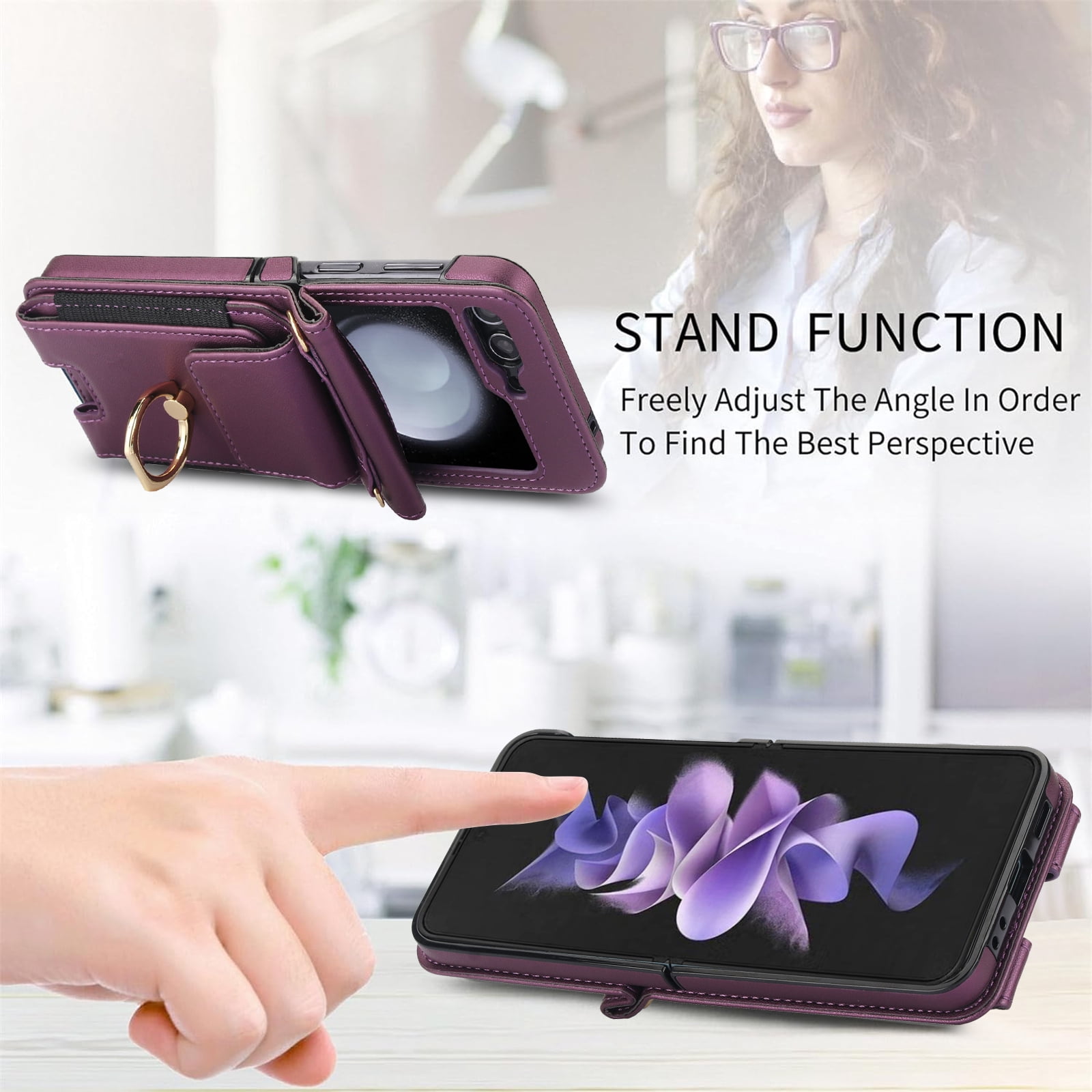 for Motorola Razr 60/Razr 2025 Case, Retro PU Leather Shockproof Protection Phone Case Wallet Built in Credit Card Slots Flip Cover Finger Ring Stand with Long Strap + Short Strap, Darkpurple