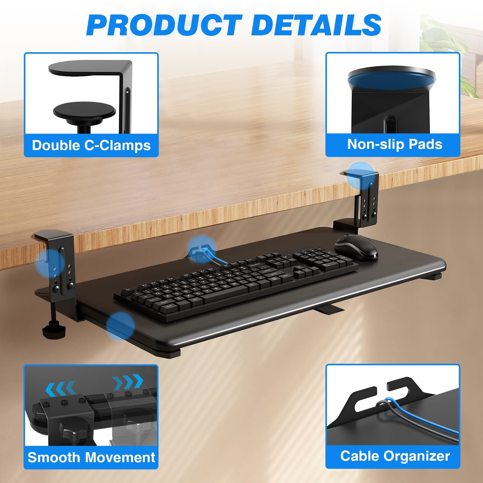 Under Desk Keyboard Tray, 25.6" Extendable Keyboard Tray with 4-Level Height Adjustment, Clamp-On Keyboard Drawer with Cable Management, Holds up to 11 LBS, Black