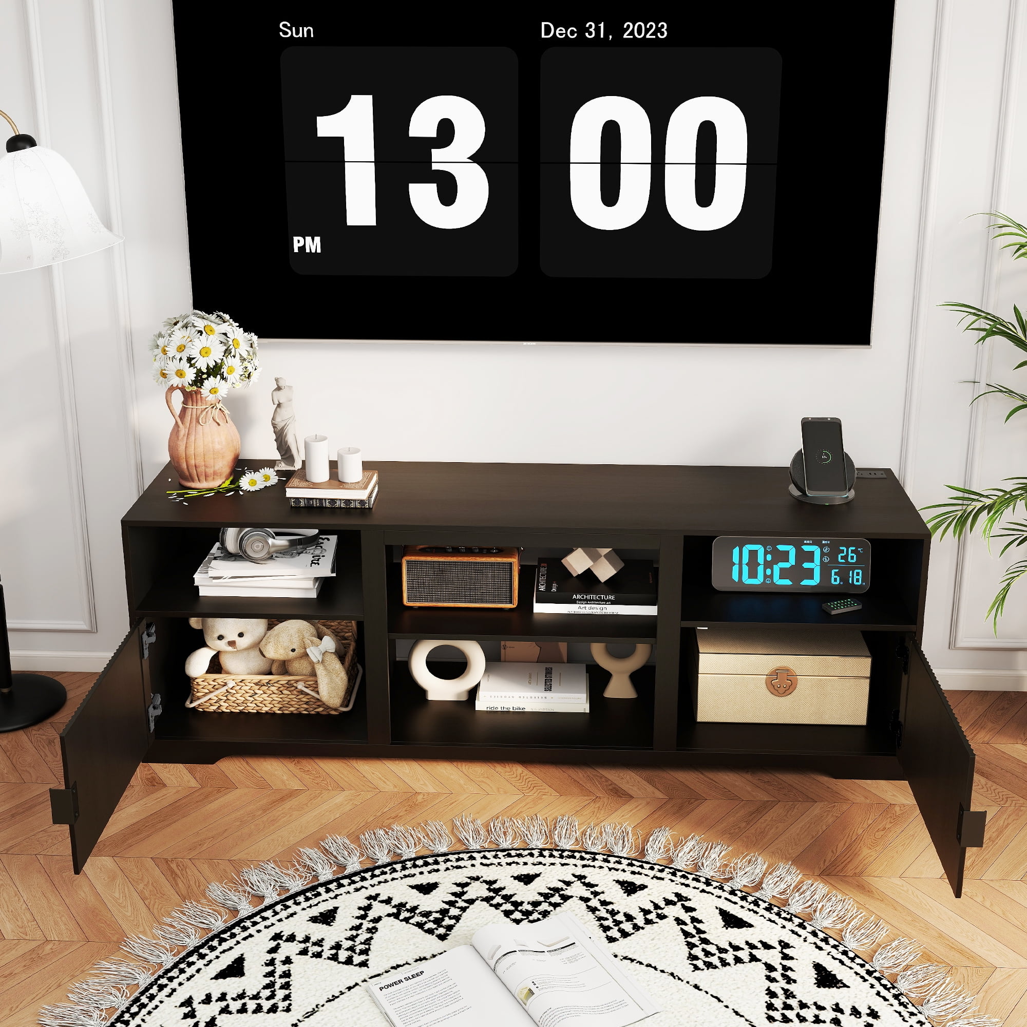 LUCKYELF Modern TV Stand for TVs up to 80", Entertainment Center with Storage, Media TV Console Table for Living Room, Bedroom, Black Color