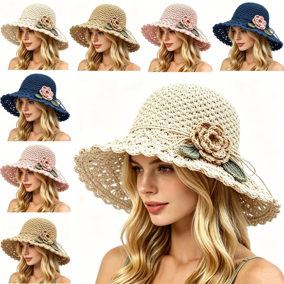 Veting Women's Crochet Straw Sun Hat, Floral Decor Wide Brim Fashion Summer Hat, Lightweight Foldable Sun Shade Cap for Women Beach Travel Pool Outdoor Casual Wear,Beige