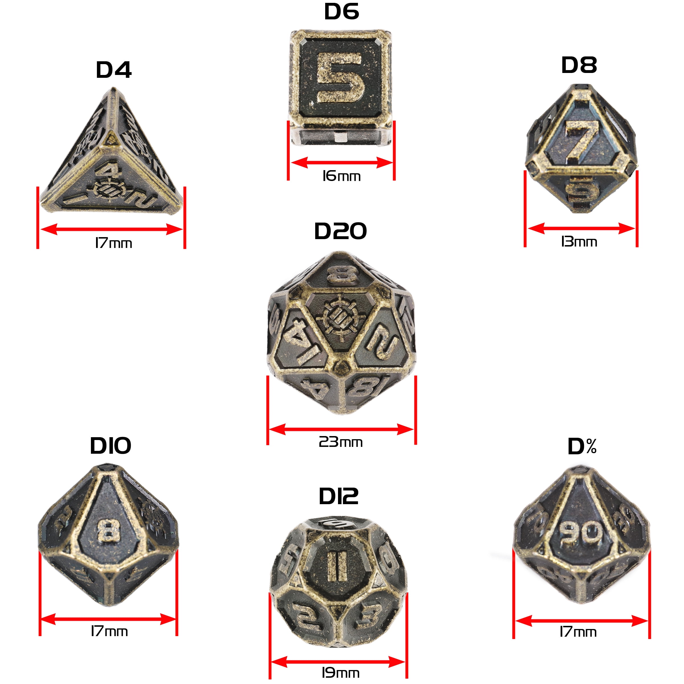ENHANCE DnD Metal Dice Set - 7pc Solid Zinc Alloy Polyhedral DnD Dice with Storage Case and Dice Bag