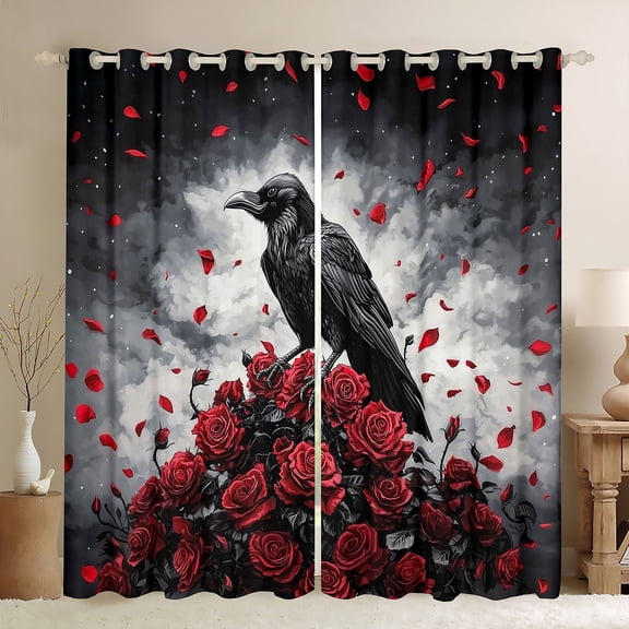 Homewish Romantic Valentine Rose Black Out Curtains,Wild Crown Raven Curtains Pack of 2 (42x63 Each),Red Flower Floral Bedroom Curtains For Girls Kids,Breathable Home Decor