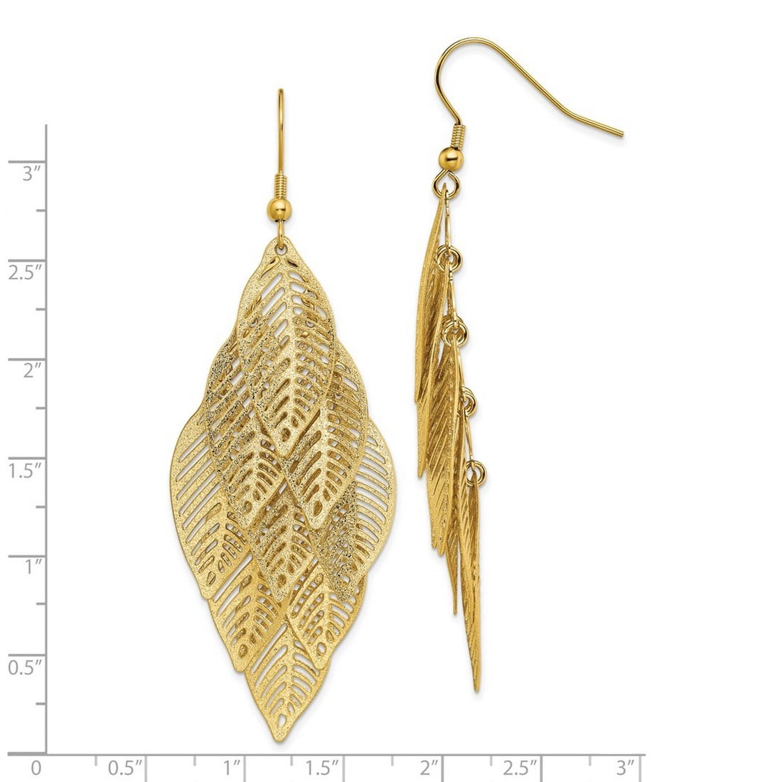 Stainless Steel Polished and Textured Yellow Ip Plated Leaves Dangle Shepherd Hook Earrings 65x27mm Wide Dangle Earring