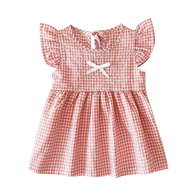 Robes d'Été pour Fillettes Manches Volantes Motif à Carreaux Couleur Unie Robe Légère Décontractée Taille 3-4T