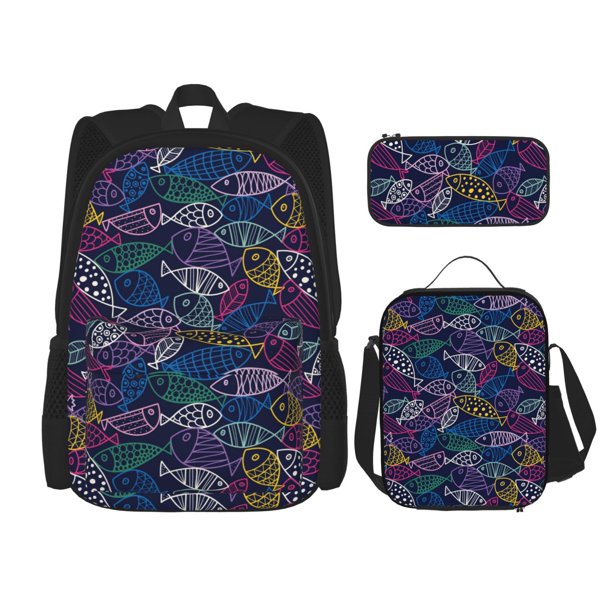 Easygdp Cute Line Fish Mochila para Niños y Niñas con Set de Caja de Almuerzo y Estuche para Lápices 3 en 1, Mochila Escolar Estampada para Adolescentes
