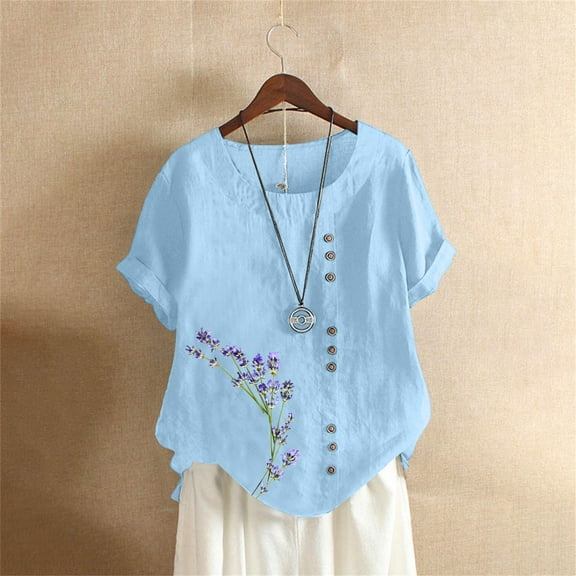 Bovemsi Women's Cotton Linen Shirts Short Sleeve Crewneck Blouse Casual Loose Fit T Shirt Tunic Tops for Summer, Blue Women's Summer Short Sleeve T-Shirts, XXL