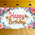thumbnail image 4 of Floral Design Happy Birthday Banner Butterfly Decoration Elegant Flowers Whimsical Theme for Birthday Celebration Indoor Decoration Party Backdrop, 4 of 7