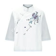 thumbnail image 4 of DDAPJ pyju Plus Size Linen Tops for Women Summer 3/4 Sleeve Chinese Frog Button Blouses Traditional Mandarin Collar Floral Embroidered Shirts Today's Sales White L, 4 of 6