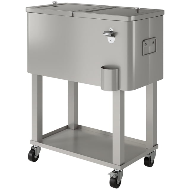 CoSoTower Glacière Extérieure Roulante de 60 Pintes, Chariot Glacière de Patio Portatif avec Roues Verrouillables, Tablette de Rangement, Argent