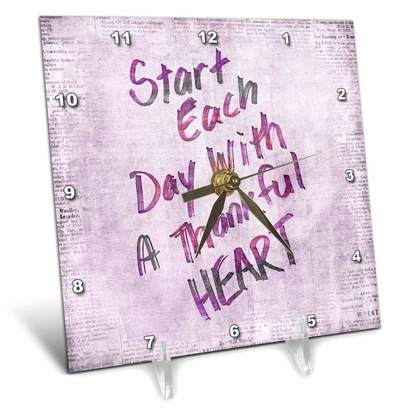 3dRose, Start Each Day With A Thankful Heart Hand lettering, 6x6 Desk Clock