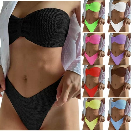 Feancey Womens Swimsuit Two Piece 2025 Summer Fashion V Cut Swim Bikini Bottoms and Bandeau Tops Bathing Suit Beach Casual Solid Color Swimsuits Todays Clearance Sales Black L