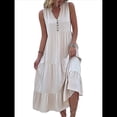 thumbnail image 2 of Vestido Informal para Mujer, Sin Mangas, Cuello en V, Botones, para Playa, con Volantes Escalonados, Falda , Vestidos Midi. Albaricoque M, 2 of 10