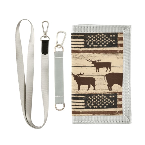 JIALIOU Nylon Trifold Card Wallet with ID Window Zipper Pocket for Men Women Teen American Flag and Cow