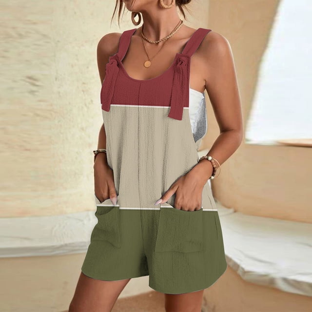 Puntoco Pantalones cortos de salón para mujer Pantalones cortos casuales con estampado de tirantes para mujer Pantalones cortos tipo mono con bolsillos