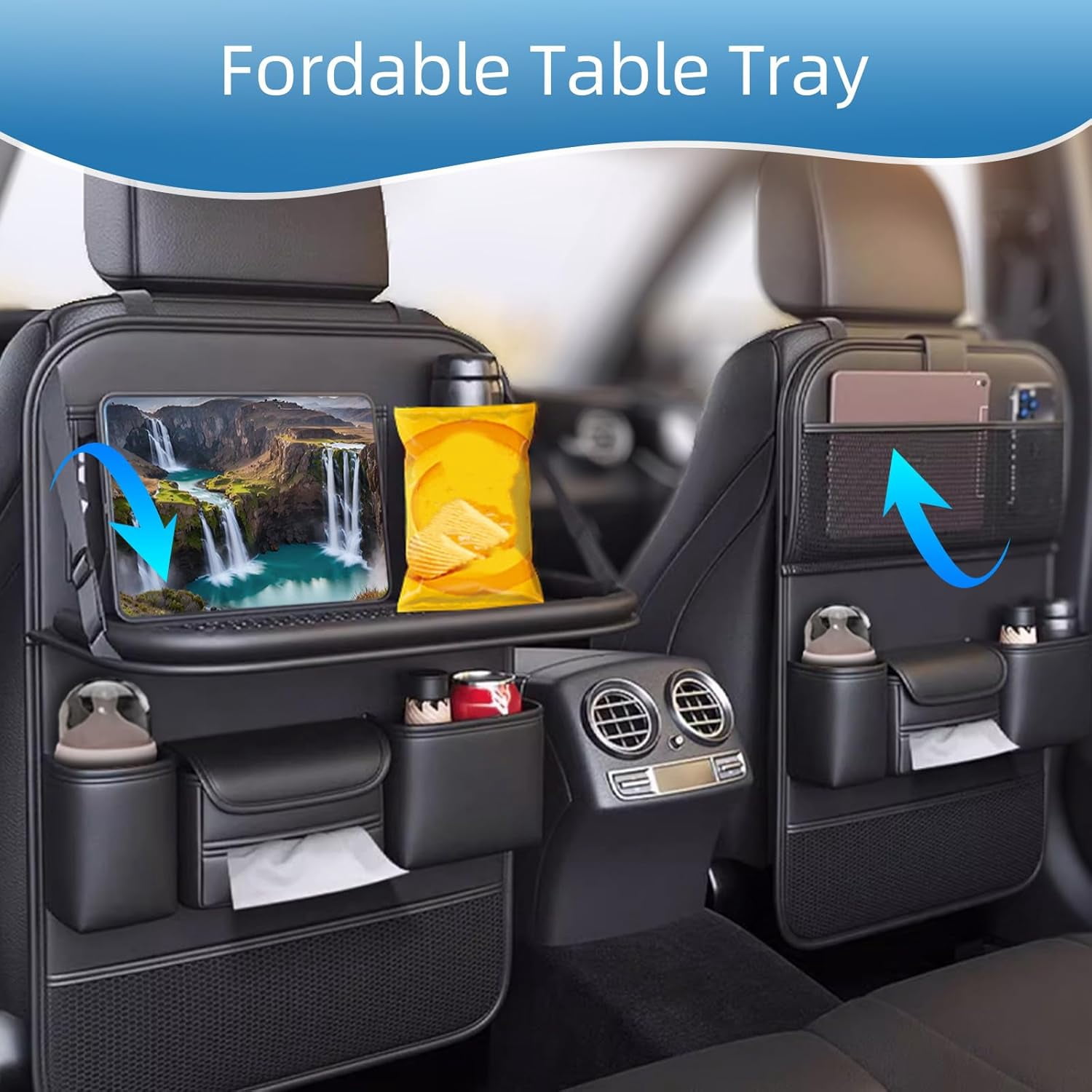 2-Pack Foldable Leather Car Backseat Organizer with Table Tray, Kick Mats & Tablet Holder, Durable Seat Protector & Multi-Pocket Storage for Kids, Pets & Accessories