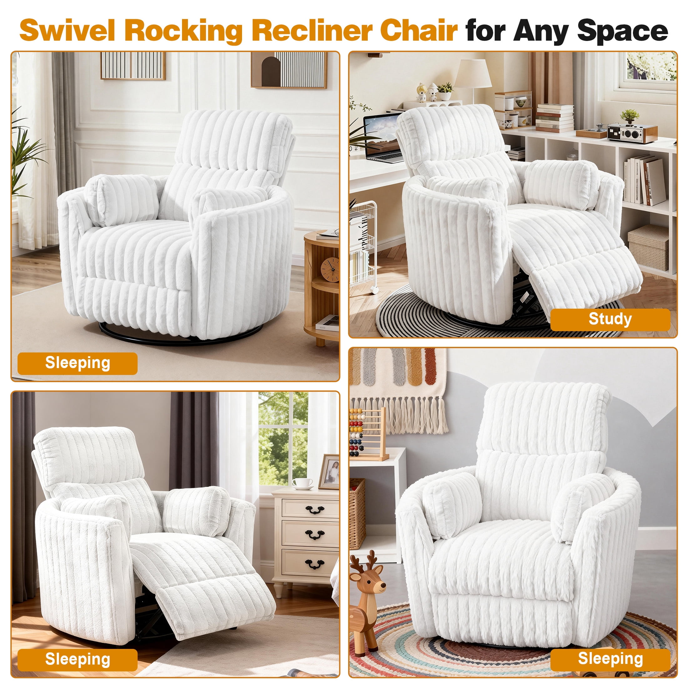 Aukfa Swivel Rocking Glider Power Recliner Chair with 24" Wide Seat & Type-C & USB Ports, White