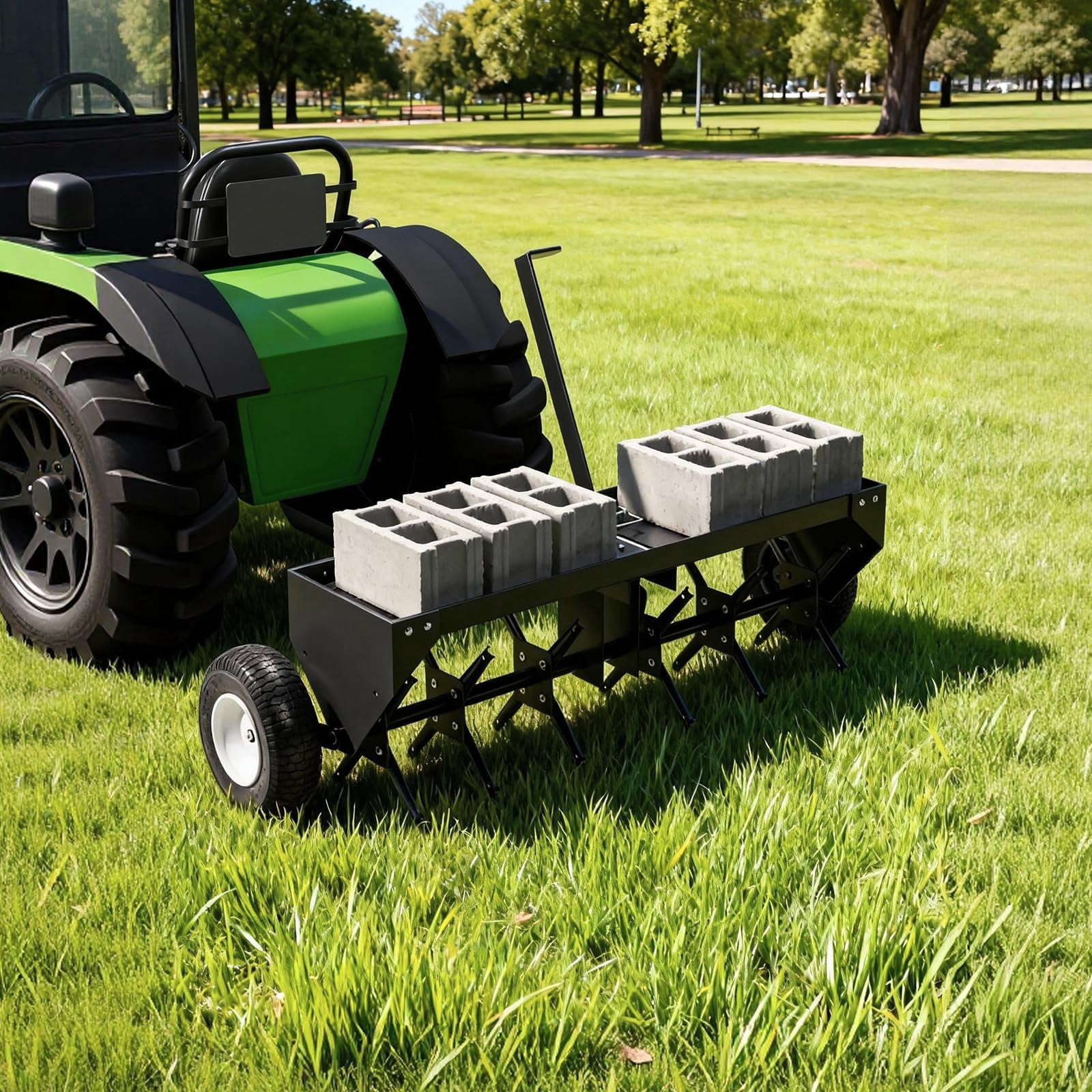 TEQIN Tow Behind Lawn Aerator,Tow Behind Aerator, Heavy Duty Plug Aerator With Hitch, Lawn Aerator Tow Behind With Steel Tines, Plug Aerator Tow Behind With Tray & Inflatable Wheels