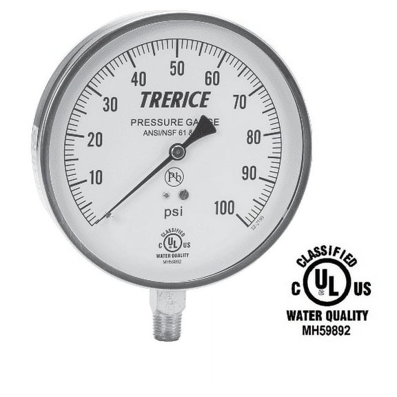 Stainless Steel Pressure Gauge, Lower Conn. 1/4" NPT 4.5"- Trerice (0-100 psi)