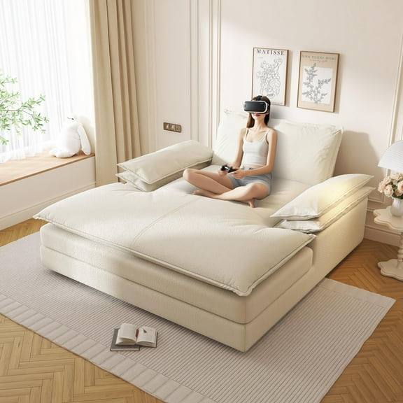 AENKYO 80" Queen Size Deep Seat Oversized Upholstered Chaise Lounge with Pillow and Wide Armrests, Chenille Sleeper Sofa Bed, Beige