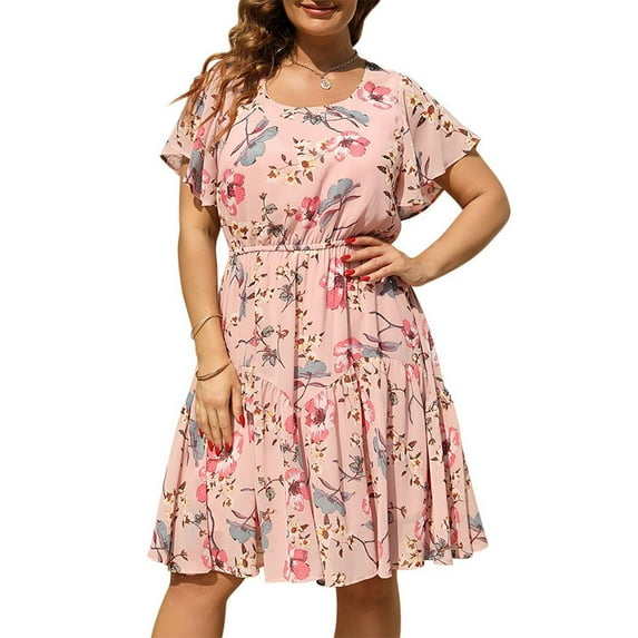 Women's Plus Size Ruffle Sleeve Summer Boho Chiffon Print Midi Dress