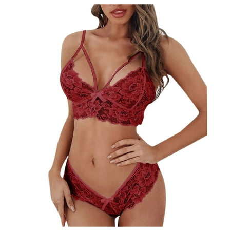 HYSYSB Bra and Panty Set two Piece Underwire bra for Women lace Bra and Panty Set floral Bralette Two Women Corset Lingerie Lace Bra Underwear Size Plus matching Bra and Panty Sets Red L