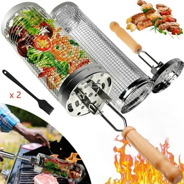 Rolling Grilling Basket,Nesting Grill Baskets with Removable Wooden Handle, 304 Stainless Steel for Outdoor BBQ Camping - 2Pcs