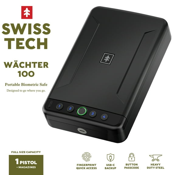 Swiss Tech Wächter 100 Portable Biometric Safe with Fingerprint, USB-C & Steel Cable