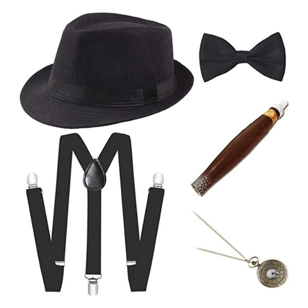 Accesorios para hombres de década de 1920, conjunto de disfraces: sombrero , , pajarita, reloj y de plástico Negro Macarena Disfraces de cosplay para hombres