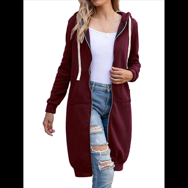 Sudadera con Capucha y Cremallera para Mujer, Chaqueta Informal de Larga para Otoño, Chaquetas Largas de Otoño con Bolsillos, Túnica Vino Tinto XL