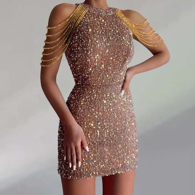 WILLBEST Robe Moulante à Paillettes pour Femme, Couleur Unie, Mode, Col, Aguichant, à Franges, pour Soirée