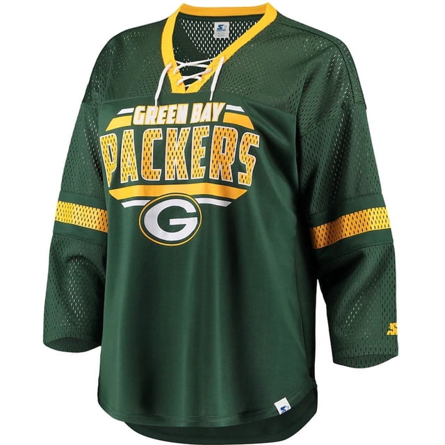 starter camiseta gráfica green bay packers para mujer, verde, mediana con cuello en V con cordones; jersey de manga 3/4 en verde oscuro con franjas amarillas y paneles de malla, estampado frontal "Green Bay Packers" y logo "G" visible. A menudo usada como camiseta deportiva para eventos de la NFL o para mostrar apoyo en días de partido.