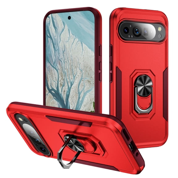 for Google Pixel 9 / 9 Pro Case, Slim Fit Military Grade Shockproof Case for Google Pixel 9 / 9 Pro with Ring Holder Kickstand Support Car Mount Magnetic Rugged PC Protective Phone Case,Rose Red