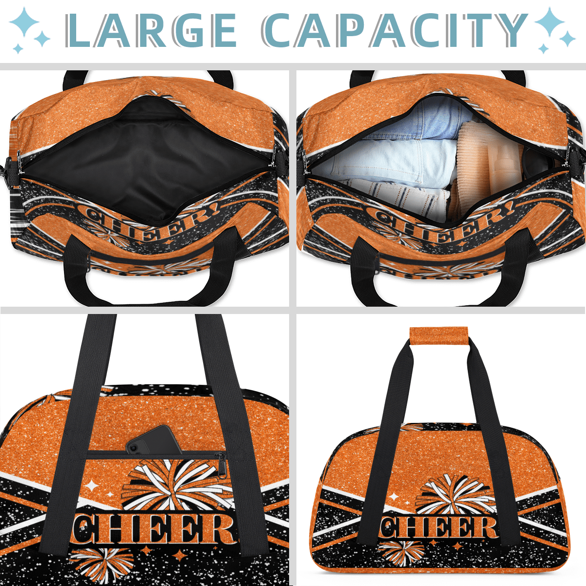 Herdesigns Cheer Bags Sport Duffle Bag Orange Cheerleader Gym Bag Overnight Travel Bags Waterproof Weekender Bag Carry On Travel Tote Bag Dance Bags