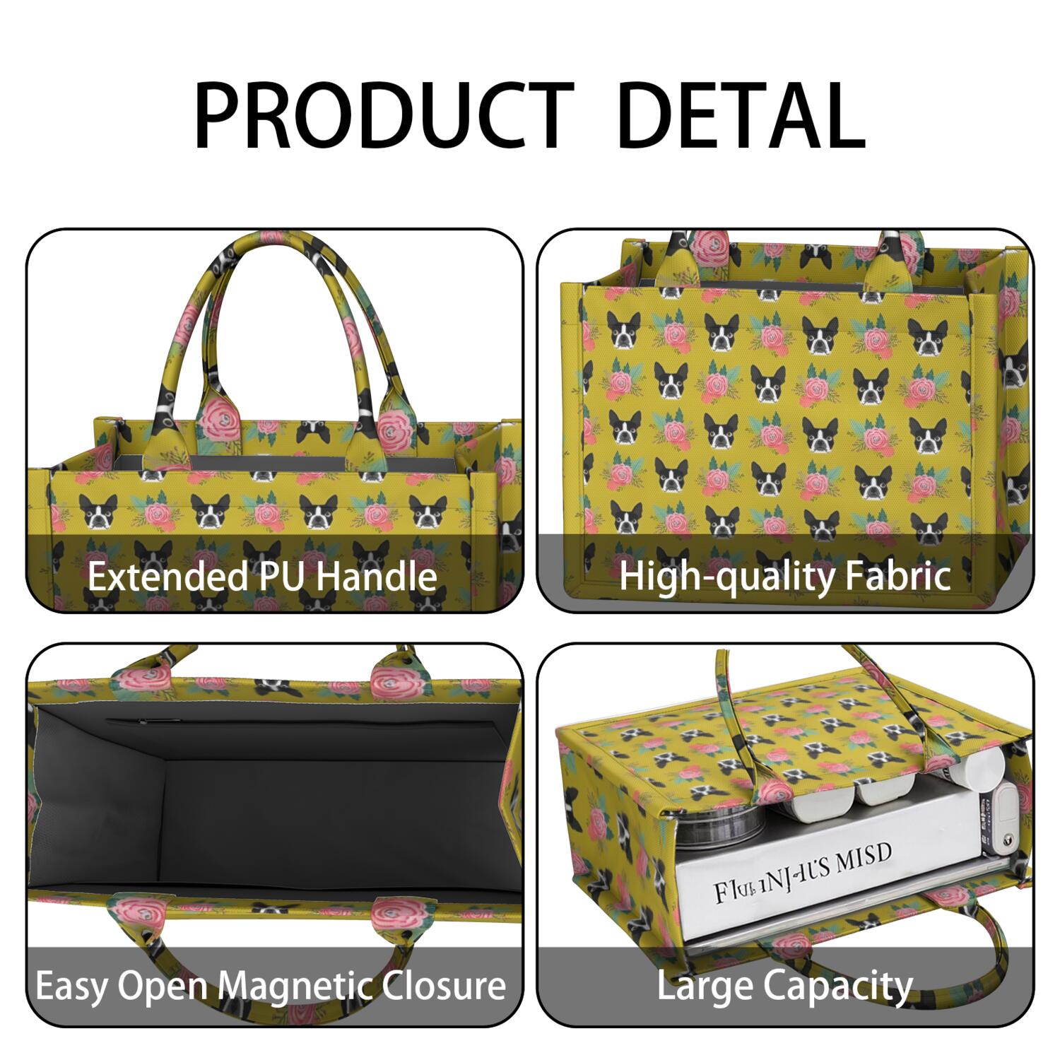 Large Capacity Tote Bag,Yellow Boston Terrier and Flower Handbag Fashion Luxury Tote Bag,15.7"x13"x 5.1" Inches,Laptop Compatible