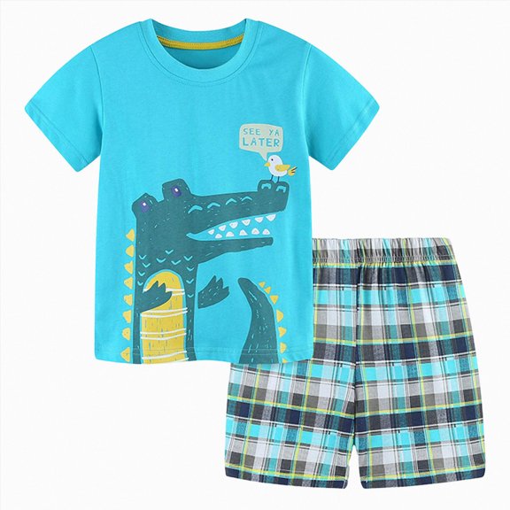 Gubotare Toddler Boy Summer Clothes Blue Short Sleeve T-Shirt Plaid Shorts Sky Blue,Size 6-7 Years